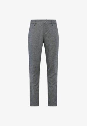 Pantaloni in misto lana grigi con design sartoriale, vestibilità slim, frontale piatto e passanti per cintura. Presentano una sottile texture e una linea dritta.