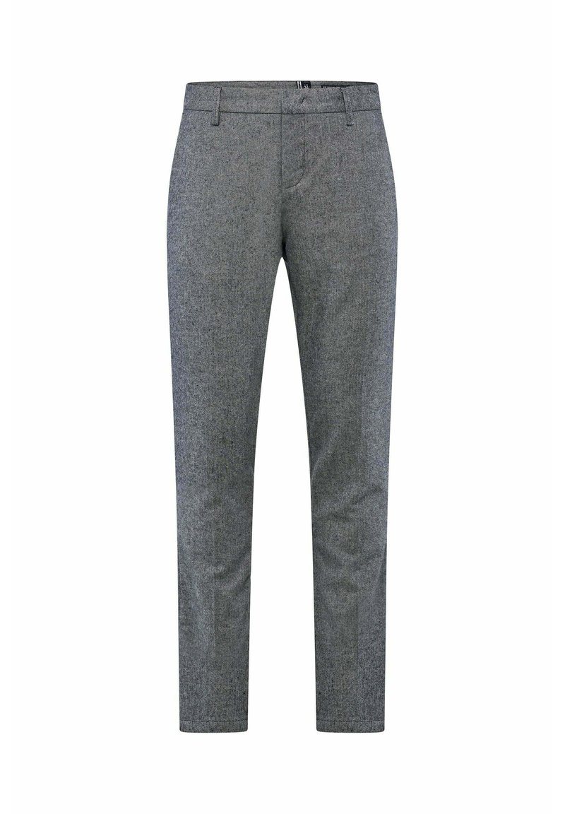 Grijze wollen mix broek met een maatwerk ontwerp, slim fit, platte voorkant en riemlussen. Heeft een subtiele textuur en rechte pijpen.