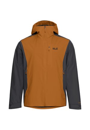 Heren waterdichte jas met capuchon in oranje en donkergrijs, voorzien van ritszakken aan de voorkant en op de borst, met logo op de linkerborst.