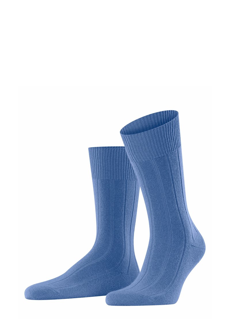 Blaue Baumwollsocken mit gerippter Textur, knöchellang, und verstärkter Zehen- und Fersenpartie. Sie verfügen über eine glatte Oberfläche und einen geraden Bündchen.