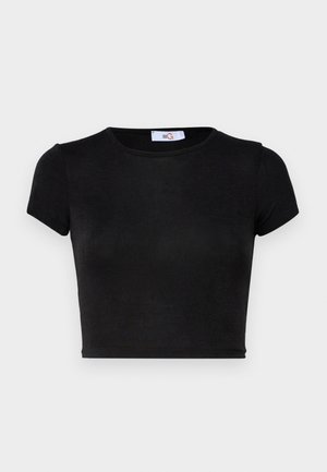 Melns, īsām piedurknēm, īss krekls. Izgatavots no gludas auduma ar apaļu kakla izgriezumu un minimālu dizainu. Mīksta tekstūra bez rakstiem vai akcentiem.