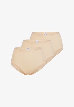 Beige women's briefs in a pack of three, featuring a smooth texture and elastic waistband with a subtle color contrast stitching.