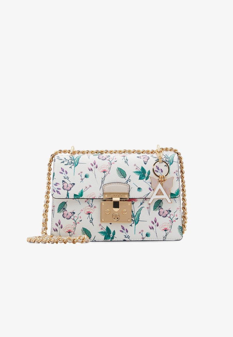 Floral-patterned white handbag with gold chain strap, featuring a gold clasp closure and decorative charms, including a butterfly and letter "A".