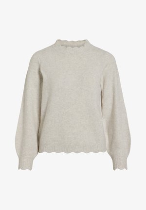 Light beige sweater with a ribbed scalloped neckline and hem. Features long, balloon-style sleeves and a soft, textured fabric.
