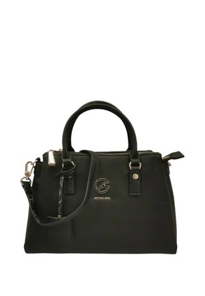 Borsa in pelle nera con due manici, tracolla staccabile, cerniera argentata e piccolo logo circolare sulla parte anteriore.