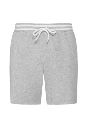 Pantaloncini casual grigio chiaro con coulisse bianca e fascia in vita bianca con due strisce grigie, vista frontale su sfondo bianco.