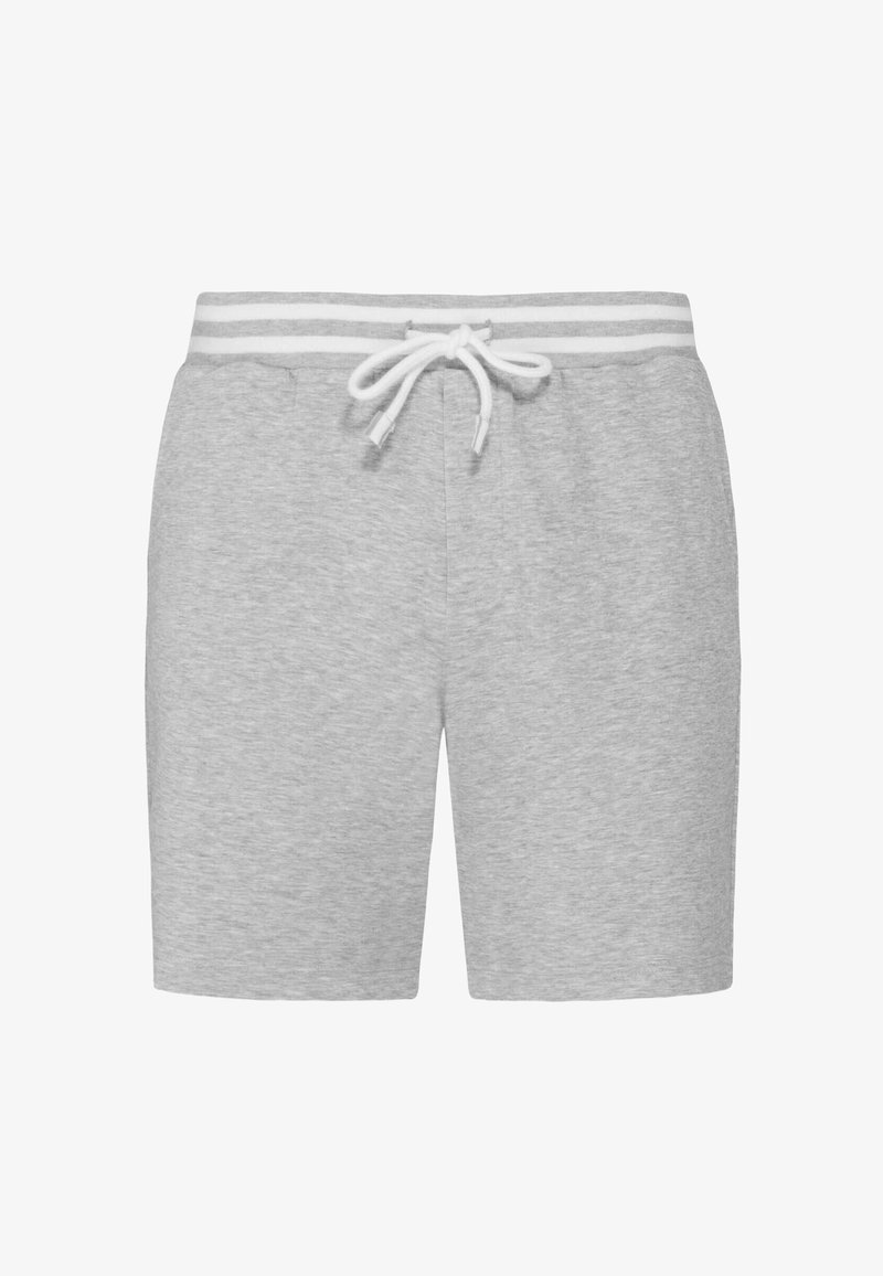 Shorts décontractés gris clair avec cordon de serrage blanc et taille blanche ornée de deux bandes grises, vue de face sur fond blanc.