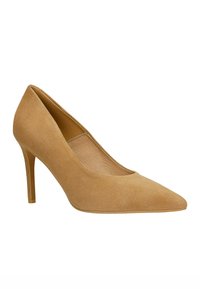 Hnědé semišové lodičky na vysokém podpatku s špičatou špičkou, elegantním designem a tenkým stiletto podpatkem. Vnitřek má hladkou podšívku.