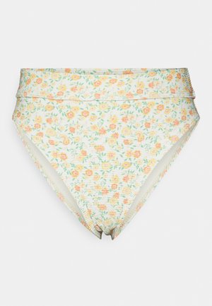 Hochtaillierter Bikini-Höschen aus leicht gelbem Stoff mit floralem Muster, das pinke und orangefarbene Blumen zeigt, sowie einer dezenten gerippten Textur.