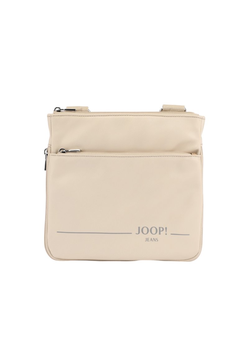 Borsa sintetica beige con due compartimenti con zip, con il logo grigio "JOOP! JEANS" sul davanti e tracolla regolabile.