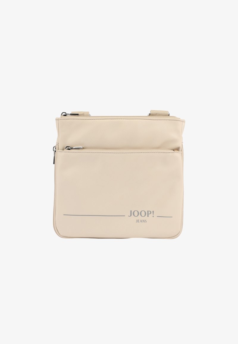 Borsa sintetica beige con due compartimenti con zip, con il logo grigio "JOOP! JEANS" sul davanti e tracolla regolabile.