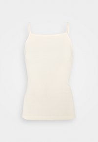 Haut camisole sans manches couleur crème avec fines bretelles et encolure droite sur fond uni.