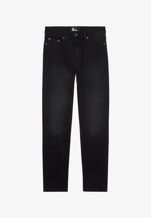 Schwarze Jeans aus Denim mit geradem Beinanschnitt, ausgestattet mit einem Reißverschluss, fünf Taschen und dezenten Nähten. Glatte Textur.