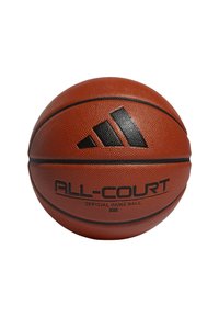 Palla da basket marrone con superficie testurizzata, caratterizzata da dettagli neri. Logo "ALL-COURT" e "OFFICIAL GAME BALL" stampati in grassetto nero.