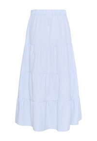 Jupe à volants rayée bleu clair et blanche avec une taille élastique. Le tissu semble léger avec une finition légèrement texturée.