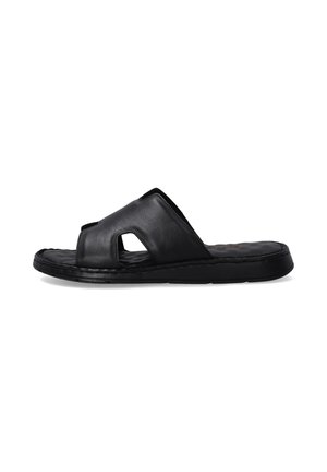 Black leather slide sandal featuring a wide strap with cutout design, cushioned footbed, and textured sole for comfort and grip.