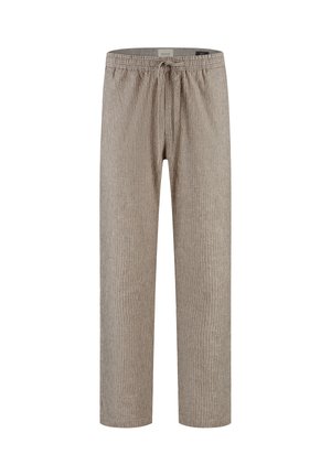 Beige linbukser med løs passform, hvite vertikale striper, elastisk midjebånd og snøring foran.