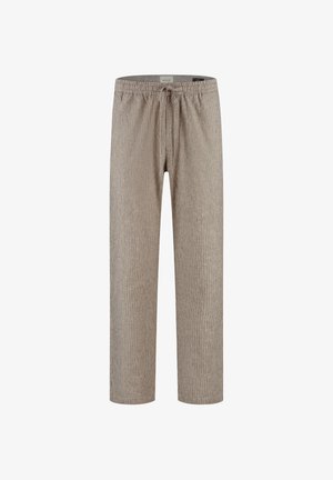 Beige linbukser med løs passform, hvite vertikale striper, elastisk midjebånd og snøring foran.