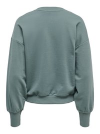 Sweat-shirt à manches longues couleur teal atténuée avec poignets et taille côtelés, présenté de dos sur un fond blanc uni.