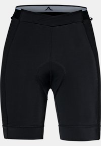 Pantalones cortos de ciclismo acolchonados en negro con paneles laterales de malla y una cinturilla ancha con un diseño doblado.