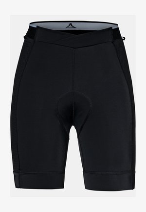 Schwarze gepolsterte Radsportshorts mit Netzseitenteilen und einem breiten Bund in gefaltetem Design.