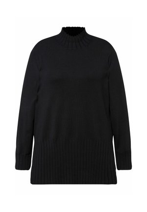 Maglione nero a maglia con collo alto a costine, maniche lunghe e orlo strutturato a costine. Texture liscia con una silhouette aderente.