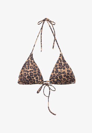 Bikinitop met luipaardprint, voorzien van driehoekige cups, verstelbare bandjes en een striksluiting op de rug. Het materiaal lijkt rekbaar en glad te zijn.