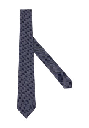 Cravate marine avec un motif géométrique en nid d'abeille dans des couleurs claires, fabriquée à partir d'un tissu lisse. Présente un design fin avec une extrémité pointue.
