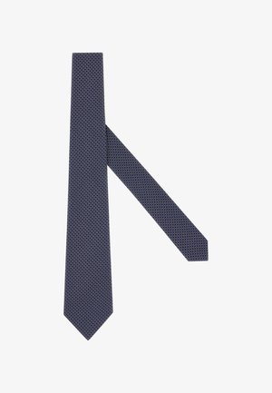 Tumesinine lips geomeetrilise mesitaru mustriga heledamates toonides, valmistatud siledast kangast. Omab kitsast, teravamat otsa disaini.