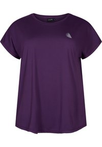 Purple short-sleeve t-shirt made of smooth fabric, featuring a round neckline and a small graphic accent on the left side.
