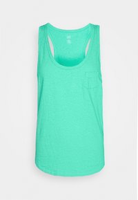Top in verde menta realizzato in tessuto morbido, con scollatura a girocollo e taschino sul petto. Design elegante con taglio racerback.
