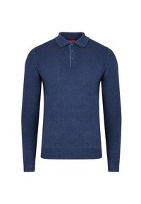 Granatowa polo z długim rękawem, wykonana z teksturowanej tkaniny, z klasycznym kołnierzykiem, trzema guzikami i ściągaczami przy mankietach.