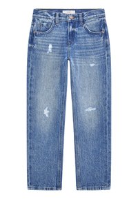 Jean en denim bleu avec une coupe droite, présentant des détails déchirés et un léger délavage, cinq poches et une fermeture à bouton, fabriqué en coton.