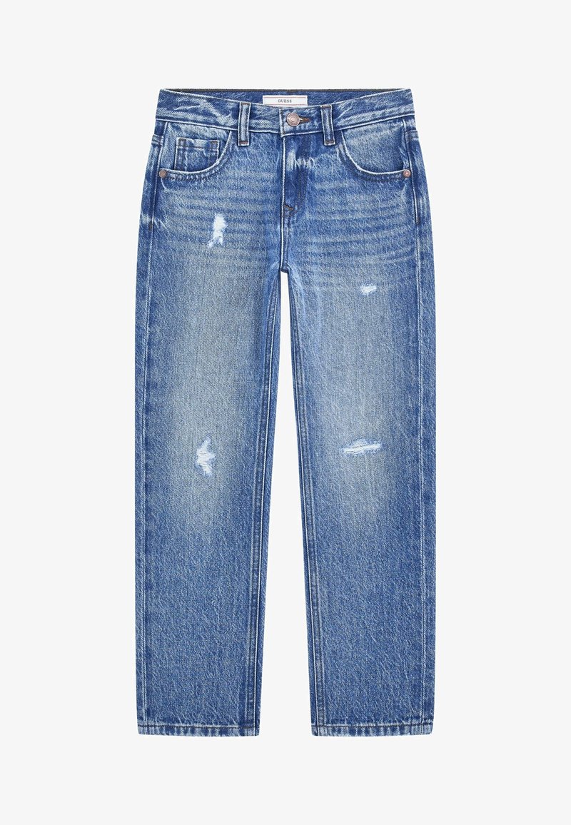 Jeans de mezclilla azul con corte recto, con detalles desgastados y un ligero desgaste, cinco bolsillos y cierre de botón, fabricados en algodón.