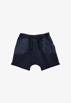 Marineblaue Shorts mit elastischem Bund, Kordelzug und zwei vorderen Taschen. Hergestellt aus strukturiertem Stoff mit umgeschlagenen Säumen.