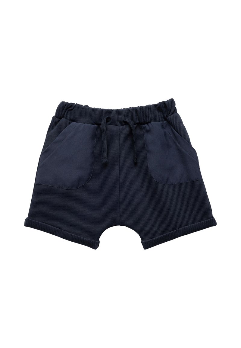 Mørkeblå shorts med elastisk talje, snoretræk og to frontlommer. Fremstillet af tekstureret stof med opsmøgede søm.