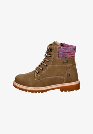 Brown leather ankle boot with textured knit collar in pink and blue, round toe, and rubber outsole with contrasting beige stitching.
