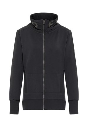 Zip-up black hoodie with high collar, front pockets, and logo accents on the collar. Made from a soft fabric with ribbed cuffs and hem.