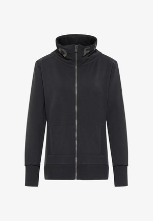 Zip-up black hoodie with high collar, front pockets, and logo accents on the collar. Made from a soft fabric with ribbed cuffs and hem.