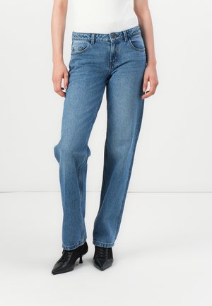 Lyseblå denimjeans med rett ben-design, som har en klassisk femlommers layout og beltehemper i midjen.