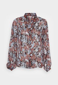 Camisa transparente com botões em tons escuros, apresentando um padrão floral com acentos em vermelho e azul. Mangas longas com punhos franzidos.
