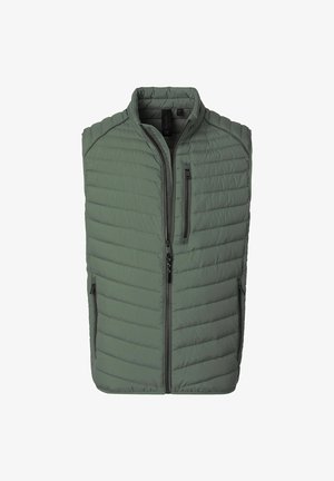 Gevoerde mouwloze vest in gedempt groen, met een volledig voorzichtige rits, een horizontaal gequilt patroon en ritszakken aan de zijkanten.