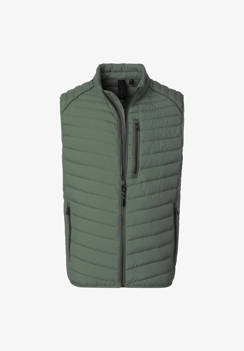 Dopasowana kamizelka bez rękawów w stonowanym zielonym kolorze, z pełnym zamkiem z przodu, poziomym pikowanym wzorem oraz zapinanymi na zamek bocznymi kieszeniami.
