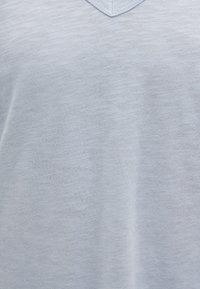Hellblaues kurzärmeliges Baumwollhemd mit V-Ausschnitt. Glatte Textur mit feinem Melange-Muster. Einfaches, lässiges Design.
