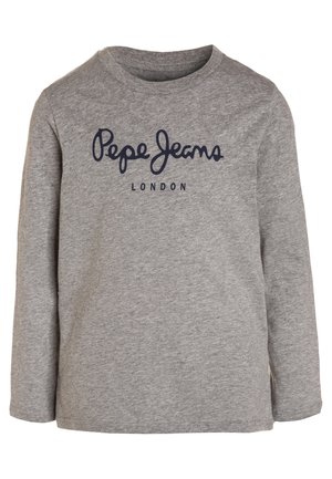 Grå langærmet T-shirt med rund hals og "Pepe Jeans London"-logo trykt i mørkeblå på brystet.