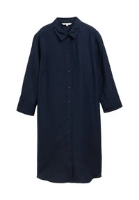 Rochie din in bleu marin cu guler ascuțit, mâneci lungi și închidere cu nasturi. Croi ușor lejer, cu slituri laterale.