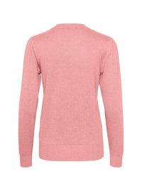 Ljusrosa långärmad tröja med rund halsringning, ribbade muddar och fåll, mjuk textur och en enkel design. Bakifrån räknad.