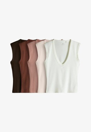 Sada šesti tílek s výstřihem do V v různých barvách: tmavě hnědá, středně hnědá, růžová, světle růžová, bledě růžová a bílá, s žebrovanou texturou.