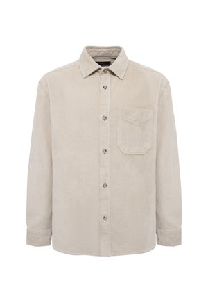 Beige corduroy shirt with long sleeves, button-up front, pointed collar, and chest pocket. Features vertical ribbed texture and dark buttons.