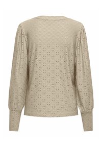Beige langærmet top med struktureret stof med et geometrisk mønster og subtile udskæringer, rund halsudskæring og pufærmer.